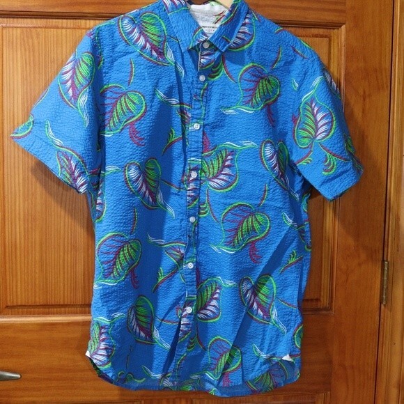 Paper Denim Cloth Bright Blue Floral Short Sleeve Button Down Shirt Medium - Picture 2 of 10